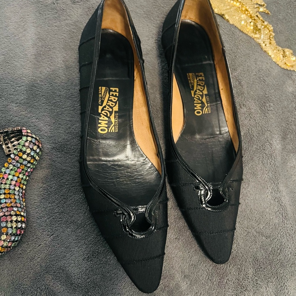 Salvatore Ferragamo Black Textured Flats